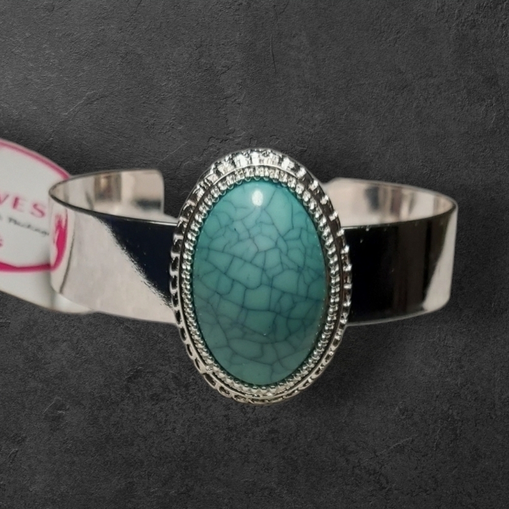 NWT NADINE WEST Silver Cuff Bracelet with Faux Turquoise Stone